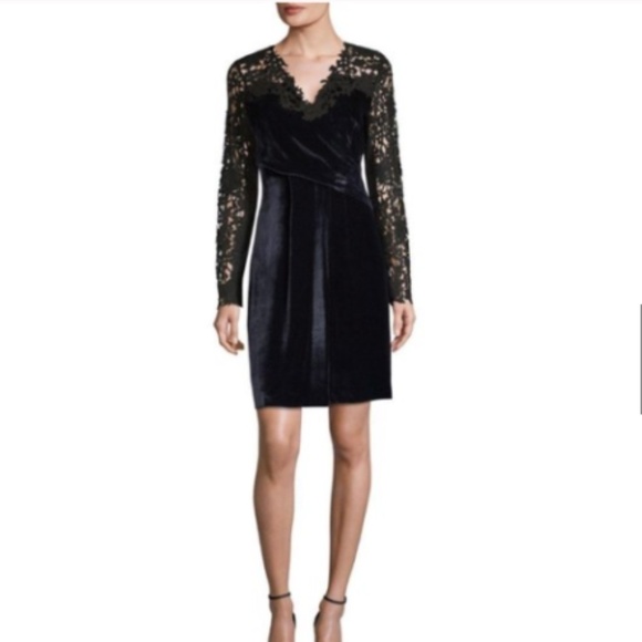 Elie Tahari Midnight Blue Black Velvet Lace Sleeve Blakely Dress 10 - Picture 2 of 8
